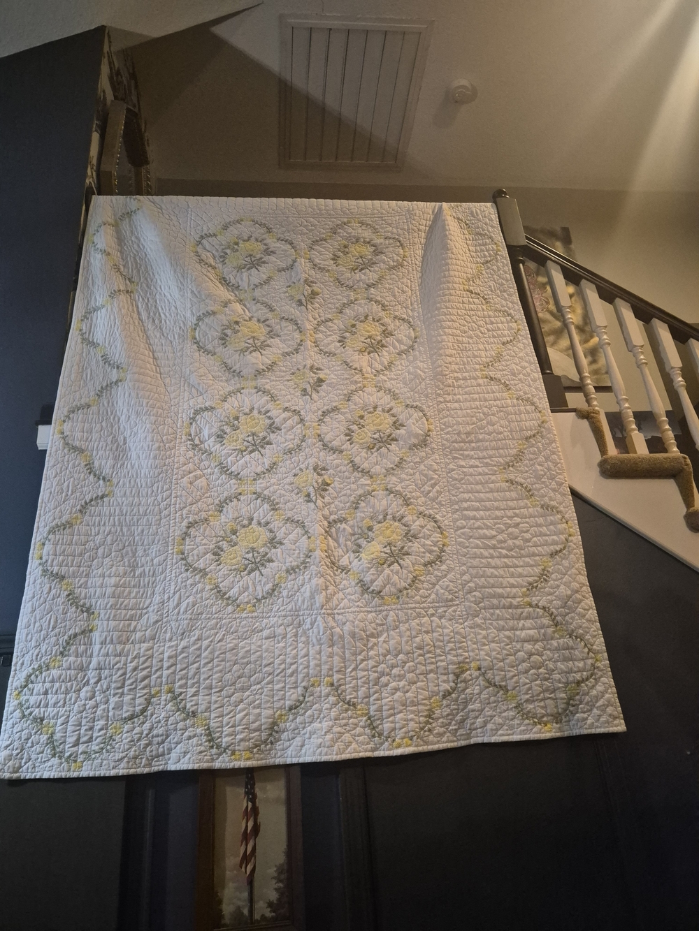 Classic White and Yellow Floral Quilt - Handmade Vintage